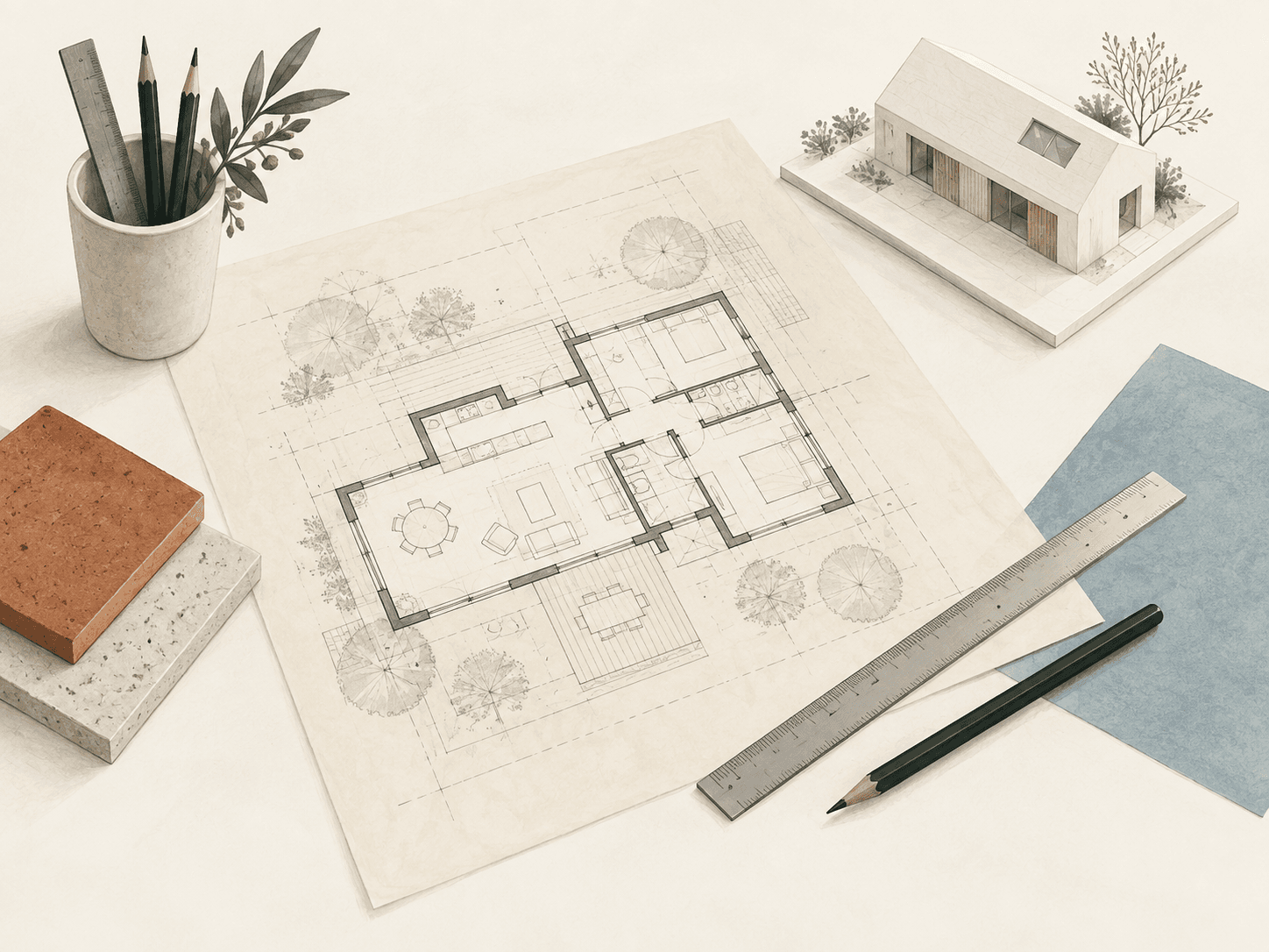 Ilustracja biurka architekta z rysunkiem projektu i makietą domu