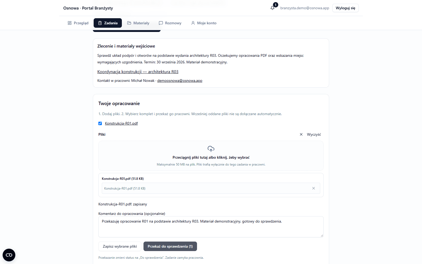 Portal Branżysty: zlecenie koordynacji konstrukcji, zapisany plik Konstrukcja-R01.pdf, komentarz i przycisk Przekaż do sprawdzenia