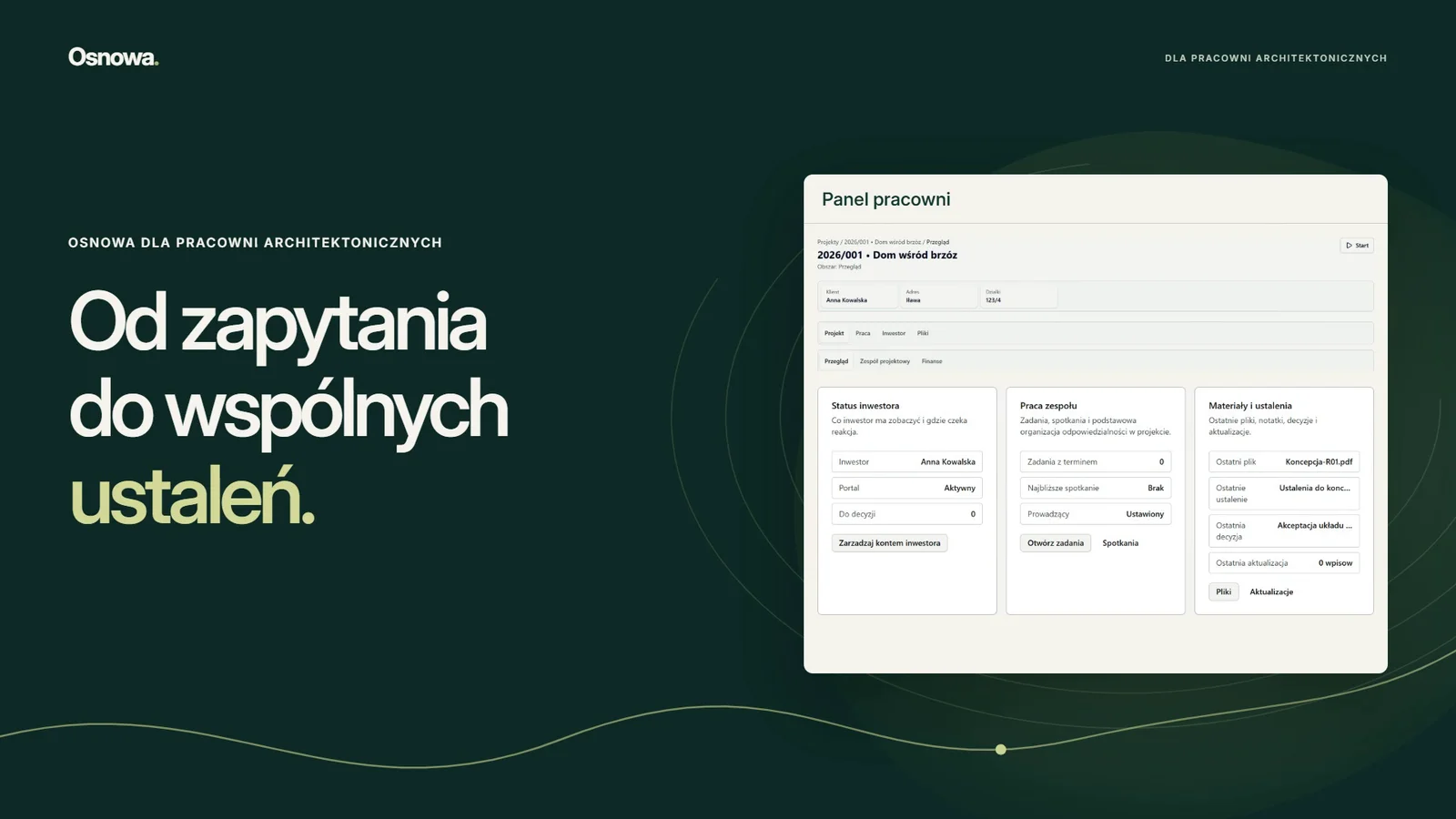 Osnowa: od zapytania do wspólnych ustaleń, z widokiem panelu pracowni