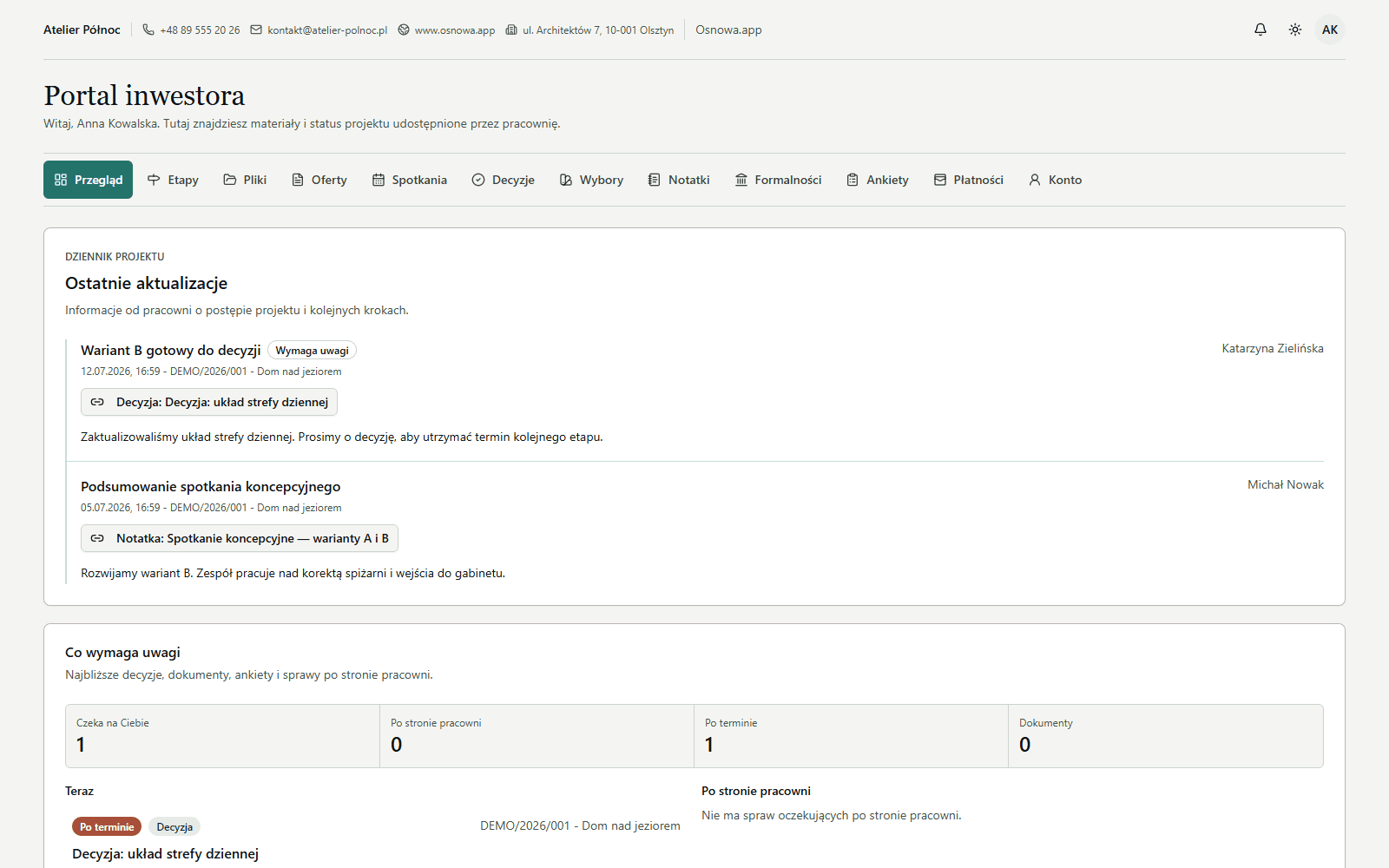 Portal Inwestora Osnowy z projektem, decyzjami i aktualizacjami