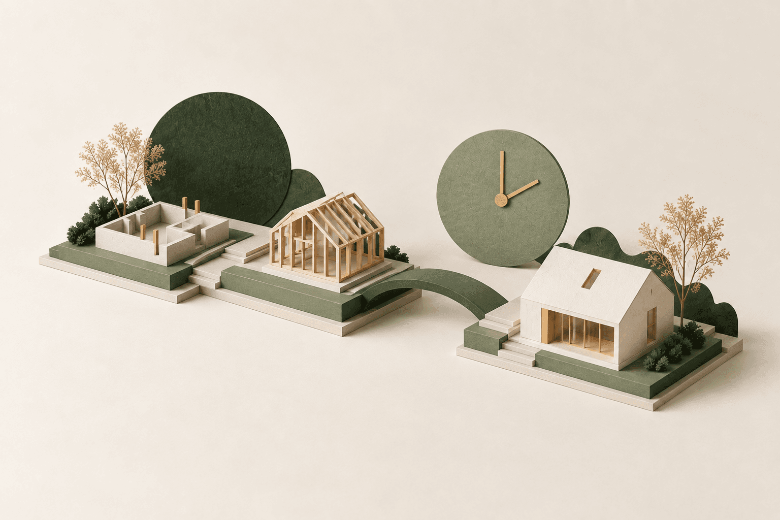 Papierowe modele etapów domu wzdłuż ścieżki — ilustracja planowania.