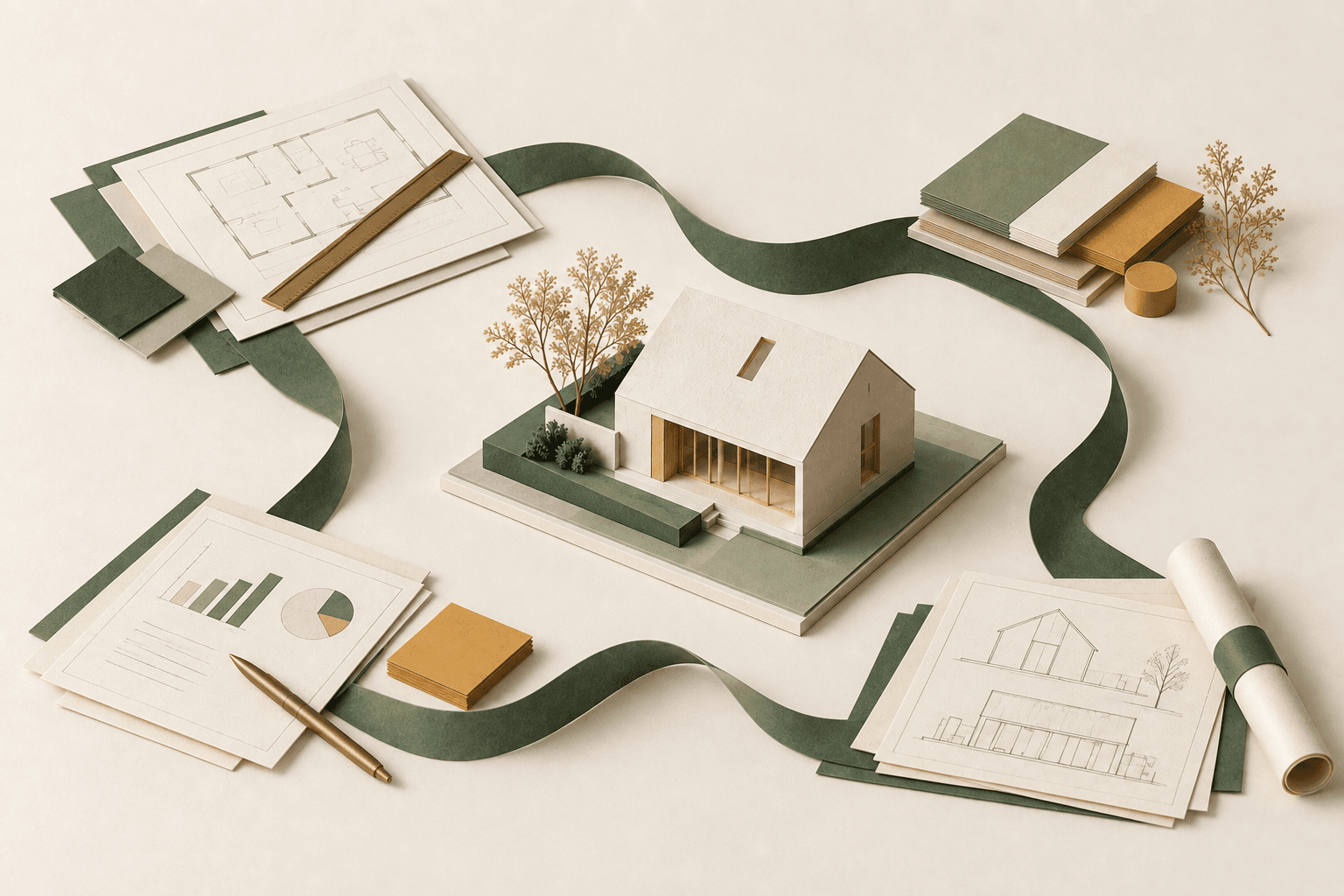 Model pracowni i połączone arkusze — ilustracja organizacji pracy.